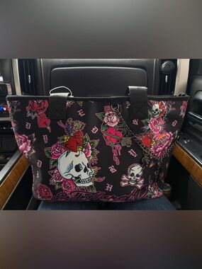 Ed Hardy Black Floral Skull Tote with Pink & Red Accents